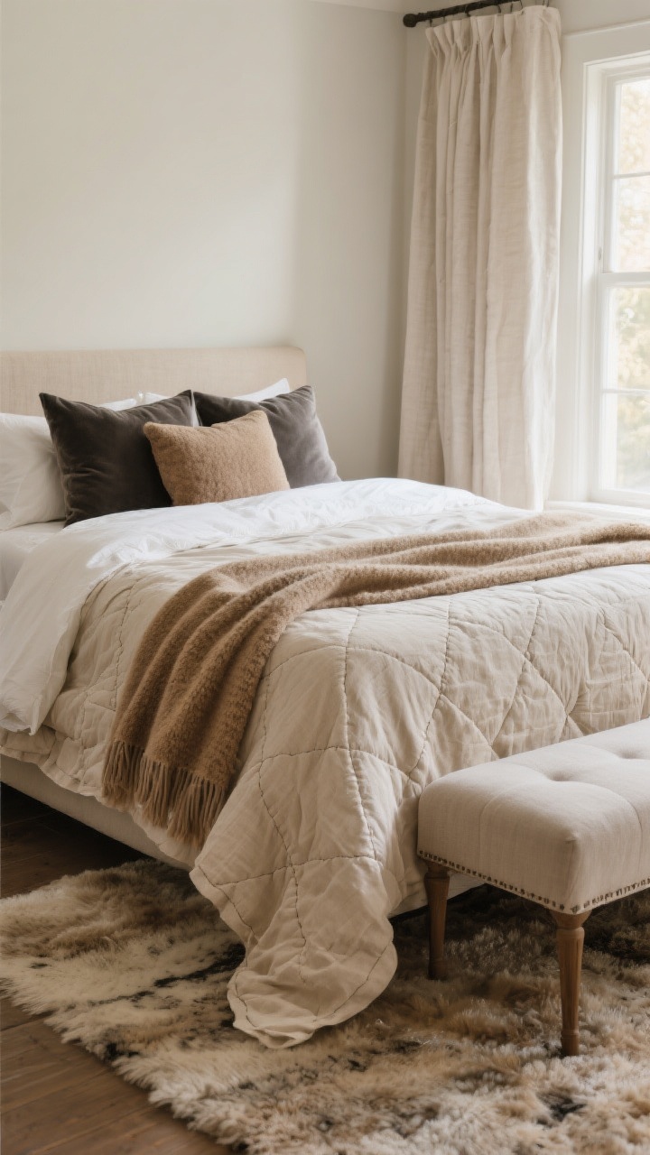 Photorealistic medium shot of a bed styled with layered textures: casually rumpled washed-linen sheets in creamy oat, a lightweight stitched quilt in mushroom tucked under a fluffy white duvet folded at the foot, a mohair throw in soft camel draped across the lower third, and a pillow mix—two oversized euro shams in linen, two standard pillows in velvet slate, and a long bouclé lumbar in warm greige. Include a high-pile wool rug peeking under the bed (at least 8x10 under a queen), linen curtains that puddle slightly, and an upholstered bench at the foot. Warm daylight from a window, tight 3–4 color palette (oat, mushroom, camel, slate), corner angle.