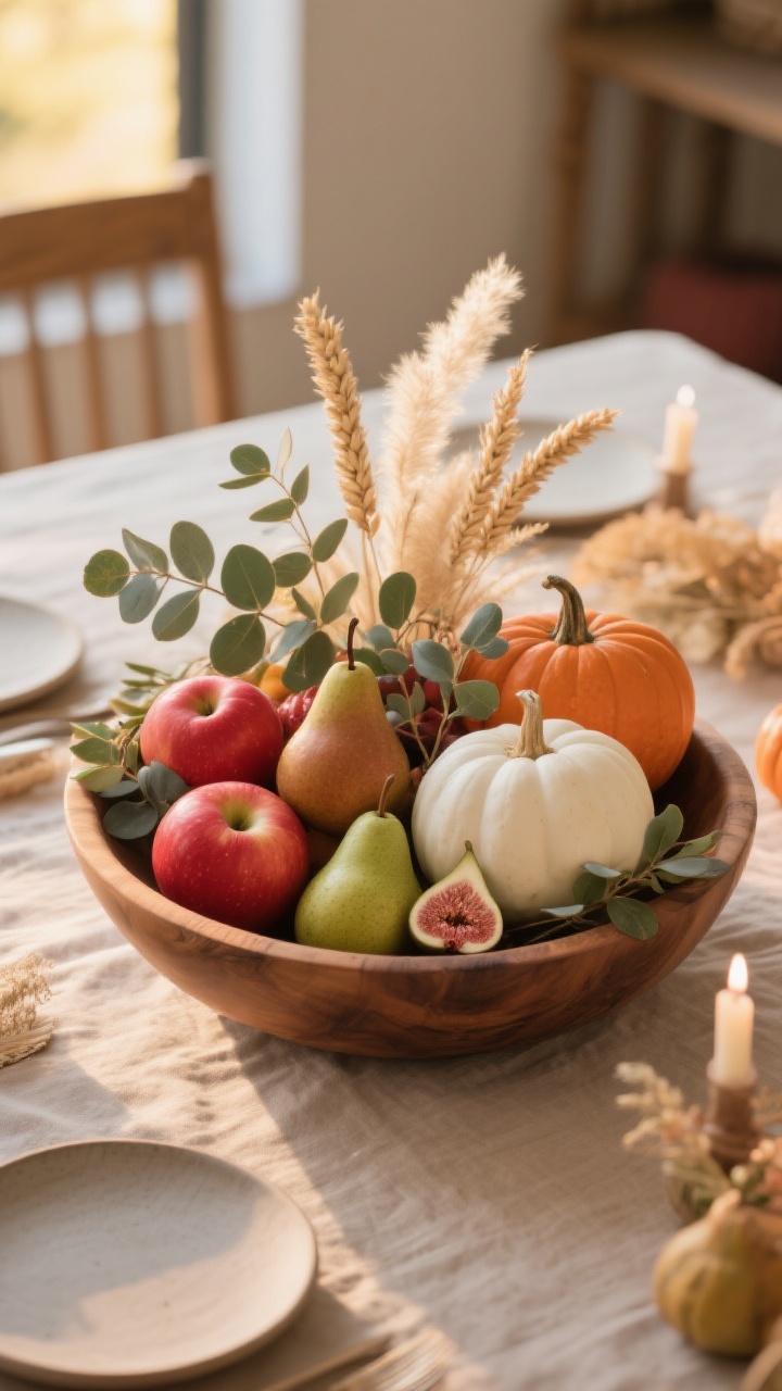 Photorealistic medium shot of a chic harvest bowl centerpiece on a dining table at golden hour, featuring a wide, low wooden dough bowl filled with seasonal produce: red and blush apples, green and russet pears, miniature white and orange pumpkins, and figs. Tuck sprigs of eucalyptus and olive branches throughout, with accents of dried wheat and feathery pampas adding soft height. Color palette: warm reds, ochres, whites, greens, and blush. Soft natural side lighting, no candles nearby. Neutral linen tablecloth and matte ceramic plates in the background, shallow depth of field.