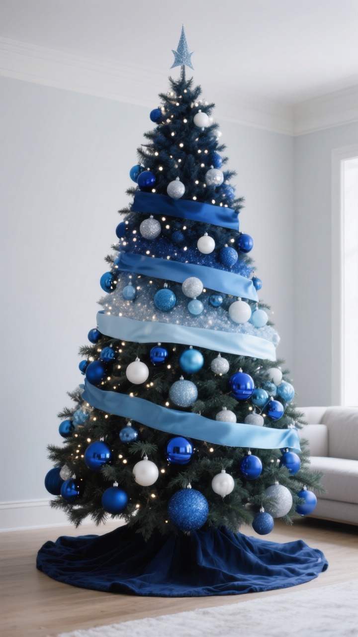 Photorealistic medium shot of a Christmas tree styled in a precise blue ombre gradient: dense navy, indigo, and midnight blue ornaments at the bottom; transitioning to royal blue, cobalt, and sapphire in the middle; finishing with powder blue, baby blue, and ice blue near the top. Include ribbons wrapped in gradient order guiding the layers, a mix of matte, gloss, satin, and glitter finishes for depth, and white/silver ornaments sparsely placed to blend transitions. Lights are warm white, subtly twinkling. Add a navy tree skirt at the base and a pale blue tree topper for bookend balance. Angle: straight-on from living room eye level, capturing the full height of the tree with ornaments denser at the bottom and lighter at the top. No people, magazine-quality lighting, elegant and intentional mood.