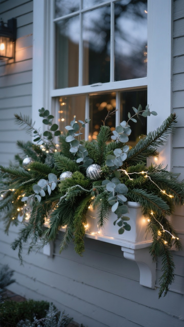 Photorealistic medium shot of a Christmas window box on a porch at dusk, straight-on view. Lush mix of fresh evergreens spilling over the edges: long cedar boughs draping, with fir and pine filling the center for fullness. Silvery eucalyptus stems tucked throughout, some arching outward for movement and texture. Warm white micro lights woven discreetly through the greens on a timer, creating a soft magical glow. Cozy, chic mood; no ornaments or ribbons beyond the greens and eucalyptus; optional note of faux greens mixed in but styled to look real.