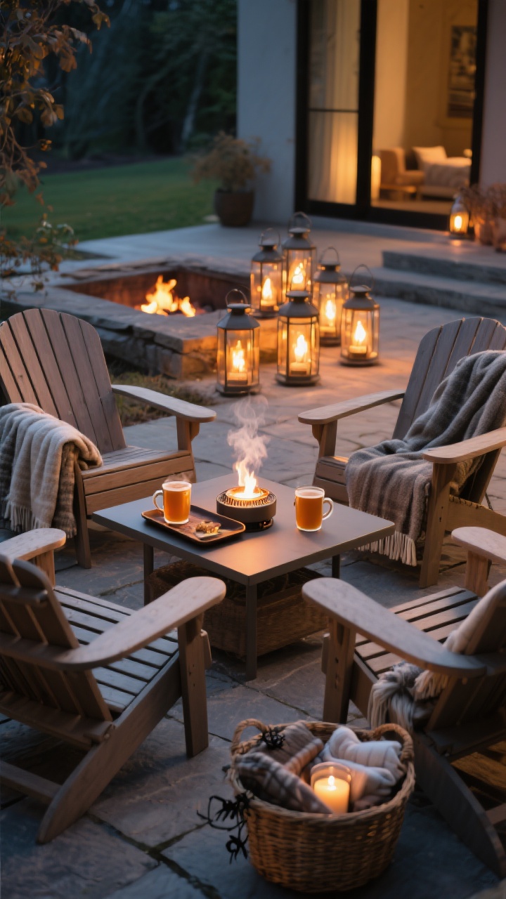 Photorealistic medium shot of a cozy “fire zone” without a built-in pit: Adirondack chairs arranged around a low side table holding a tray with two steaming mugs of cider. A tabletop bioethanol burner and a cluster of lanterns provide flickering light. High-arm blankets draped on chairs, an outdoor-safe basket with extra throws and a discreet bug-repellent candle. Placed on a level stone surface, clear of dried decor. Evening ambiance with warm, safe flame glow. No people.