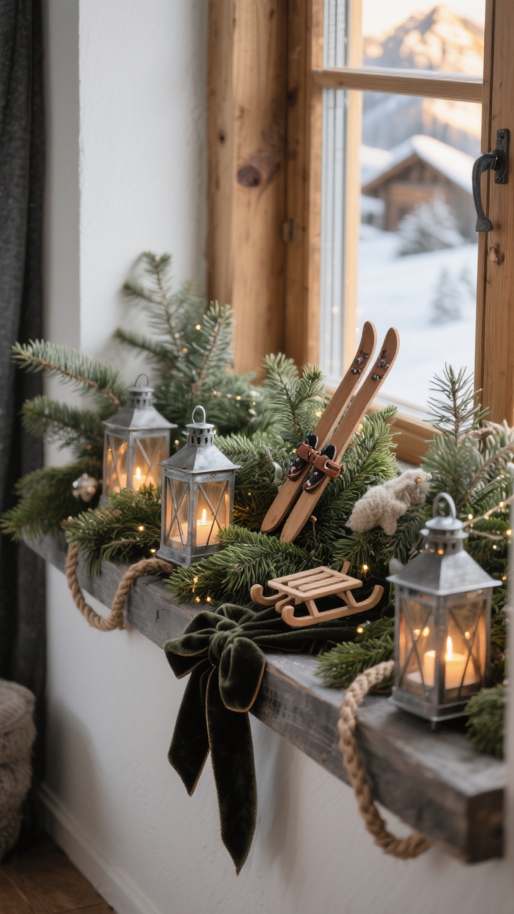Photorealistic medium shot of a cozy alpine-inspired window box from a diagonal corner perspective at golden hour. Base of mixed evergreens with neutral accents. Mini lanterns (metal or wood) placed among the greens, each holding a soft-glowing battery tea light or LED votive. Mini skis or tiny sled ornaments angled diagonally to break up the greenery. Twine and leather cord accents reinforcing a rustic chalet vibe. Palette kept neutral—charcoal, natural wood, soft white—with an optional single accent of evergreen velvet ribbon for restraint.
