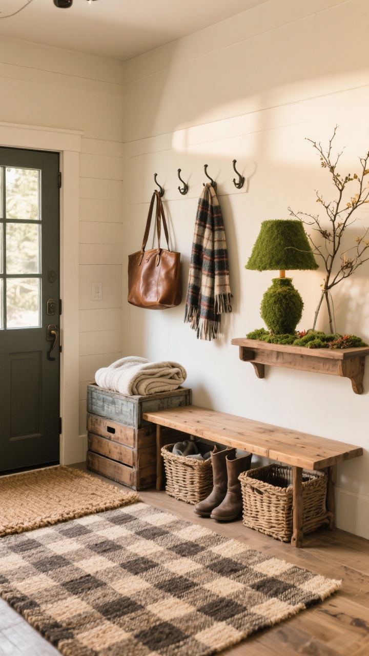 Photorealistic medium shot of a cozy farmhouse entryway: layered doormat setup with a buffalo-check rug under a natural coir mat, a wooden bench with baskets beneath for storage; wall hooks holding a leather tote and a plaid scarf; a vintage crate with boots and folded blankets; a small console topped with a mossy green lamp and seasonal branches; soft warm light creating an inviting first impression; slight corner angle