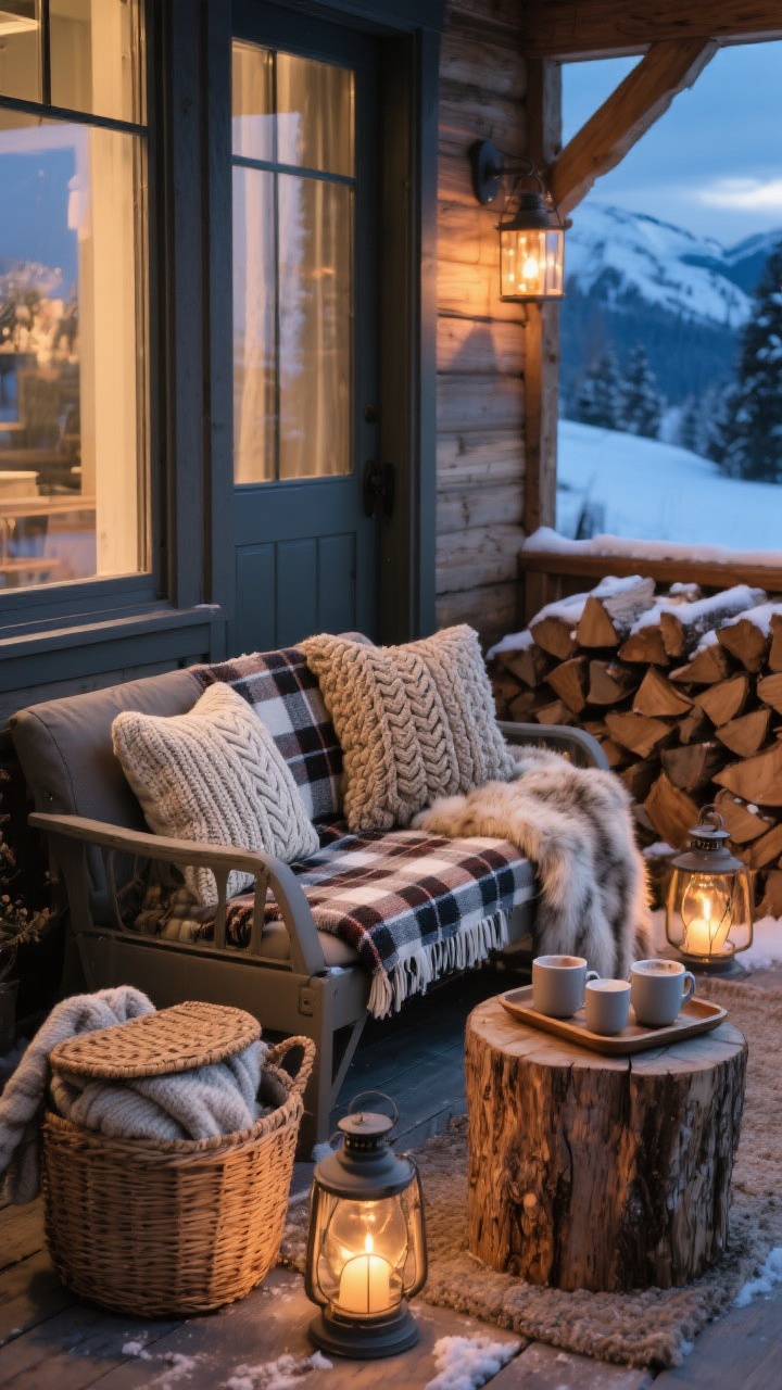 Photorealistic medium shot of a cozy winter porch seating vignette: a weatherproof bench dressed with plaid blankets, knit pillows in cable knit and chunky weaves, and a faux fur throw; a lidded woven basket by the door to stash blankets; a wood stump side table holding a tray with mugs for hot cocoa; warm lanterns providing ambient light; stack of firewood for alpine lodge vibes; textures emphasized (plaid, knit, faux fur, wood grain); taken at blue hour from a slight angle to show depth.