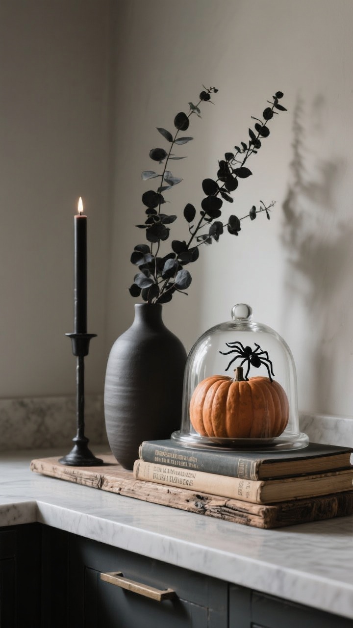 Photorealistic medium shot of a curated countertop vignette using the three-piece formula: height from a black taper candle and a stem of dried black eucalyptus in a slim vase, shape from a matte ceramic pumpkin and a glass cloche covering a plastic spider on a stack of vintage cookbooks, texture from a reclaimed wood board base. Keep surrounding counter clear to show intentional styling; muted, moody lighting with gentle shadow play; shot from a slight corner angle.