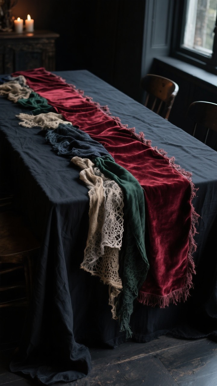 Photorealistic medium shot of a dining table focused on moody base layers: a matte black linen tablecloth with a velvet runner in oxblood laid on top, frayed/raw edges visible for a witchy old-world feel; layered scarves peeking under the runner as improvised linens; textures of lace, gauze, burlap, and velvet integrated subtly along the center line; color palette of charcoal, inky navy accents, oxblood, and deep forest green; soft ambient evening light to enhance fabric texture; no candles lit yet, just the base layers establishing a rich, intentional foundation.