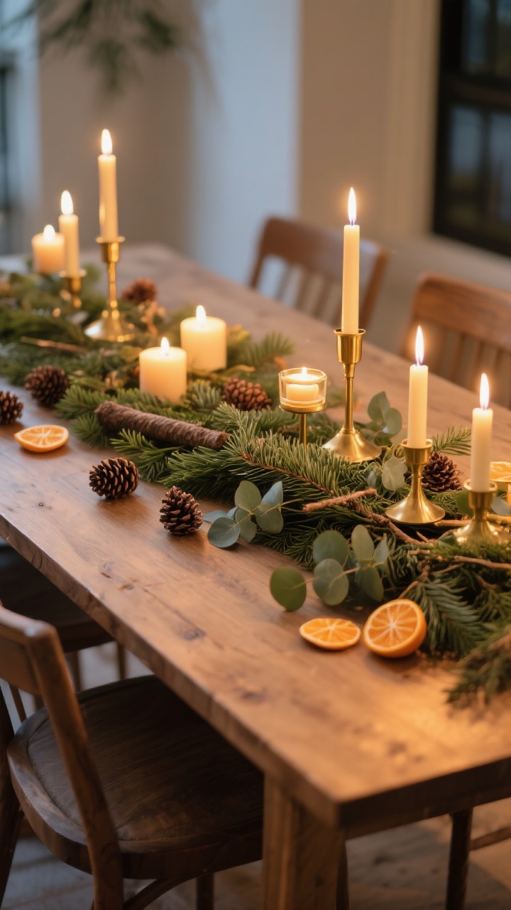 Photorealistic medium shot of a dining table with a low, lush evergreen runner made of fir, pine, and cedar, tucked with eucalyptus for softness; a cohesive set of gold/brass candleholders holding pillar, taper, and tea light candles at varying heights casting a warm glow; scattered pinecones and a few dried orange slices for texture; low profile so sight lines remain clear; warm evening candlelight, shallow depth of field, natural wood table, no people.