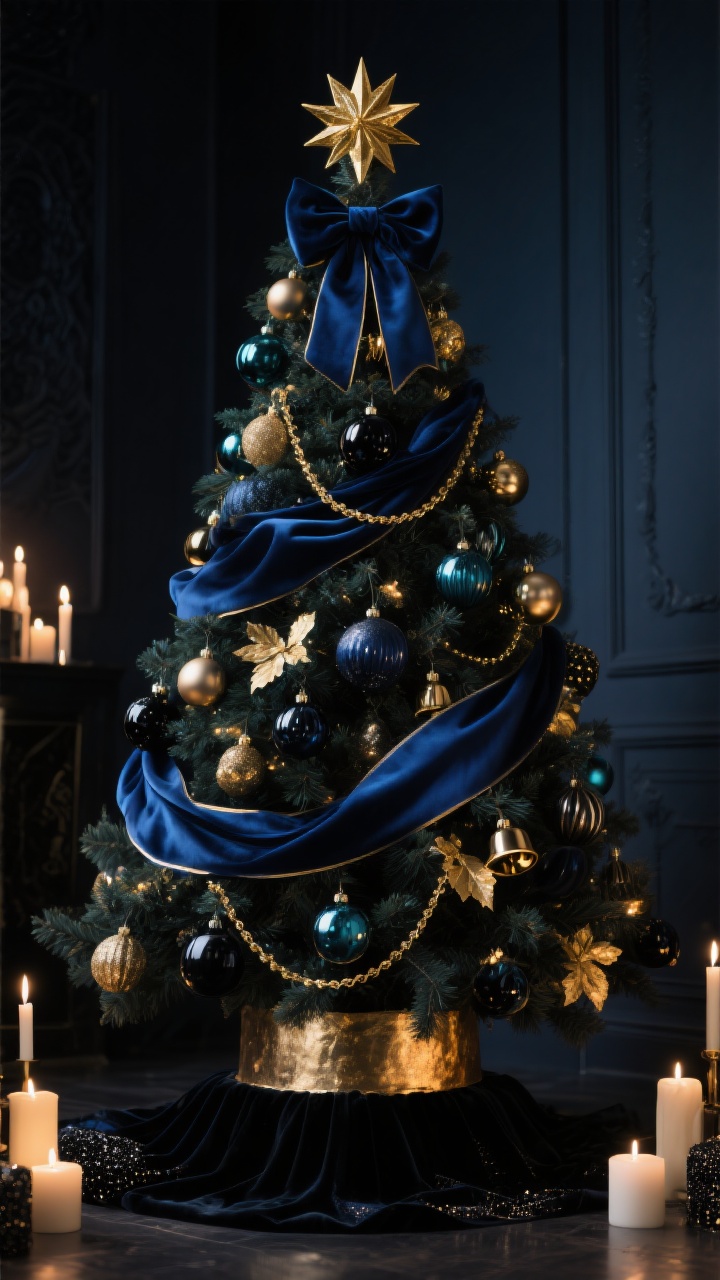 Photorealistic medium shot of a dramatic “luxe midnight” Christmas tree set in a dark, sophisticated room by candlelight. Palette: navy and ink blue with deep teal accents, antique gold, and a hint of black. Textures: wide navy velvet ribbon flowing in waterfall-like waves, satin ornaments, smoked glass baubles, brushed metal finishes, and subtle black glitter elements. Lighting: warm white LED lights on dimmers for a soft glow—no cool white. Layering visible: oversized navy or glass baubles anchored deep on branches for depth; gold leafed ornaments and small black accents placed toward the edges; delicate gold chain garland or tiny gold bells interspersed. Topper: structured gold star or a cascade velvet bow; base: black velvet skirt or hammered gold collar. Angle: slightly low eye level straight-on to emphasize opulence. Mood: elegant, moody, gilded drama.