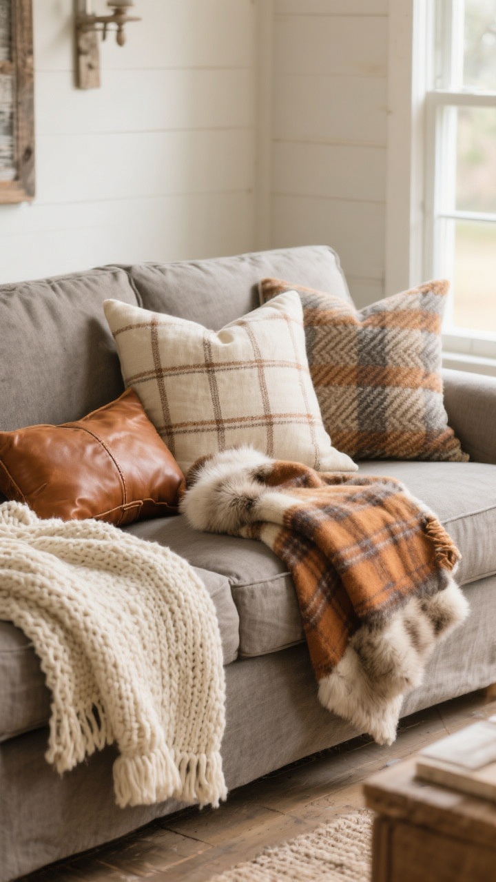 Photorealistic medium shot of a farmhouse living room sofa styling scene: a neutral linen sofa in warm gray with layered throws—one chunky knit cream blanket draped over the arm, one caramel-toned flannel folded at the back, and one faux fur throw casually tossed across the seat; mix of plaid, herringbone, and windowpane pillow covers in cream, caramel, and warm gray; soft afternoon natural light from a side window; textures emphasized (knit, linen, leather accent pillow); cozy, hug-like mood; straight-on perspective