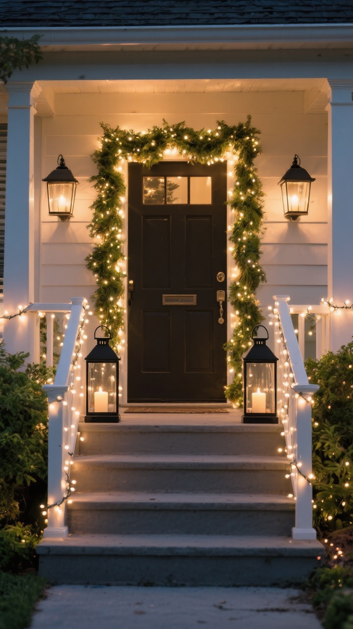 Photorealistic medium shot of a front porch entry at dusk, layered warm lighting: warm white C9 bulbs outlining the doorway, micro fairy lights tucked into a lush green garland around the frame, railings wrapped in mini string lights, and steps lined to create a runway effect; two black metal lanterns with battery-operated candles inside clear hurricanes flank the door, all on timers; cozy, classic warm-white glow with no cool lights; rich green foliage, subtle sparkle, and soft flickery candlelight; straight-on perspective.