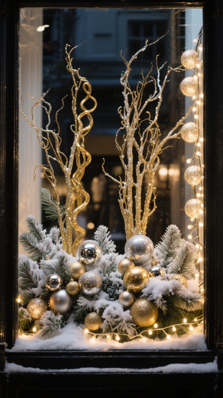 Photorealistic medium shot of a glam holiday window box at night, straight-on view. Snow-frosted cedar and flocked pine picks creating a frosty base. Tall drama stems at the back: gold curly willow and champagne-glitter branches for height. Metallic ornaments in silver and gold, mixed sizes with larger ones tucked deeper to create depth and shine. Two light styles layered: tight micro LEDs close to the greens plus a strand of globe string lights casting larger pools of warm glow. Luxe, boutique store-window vibe with restrained sparkle.