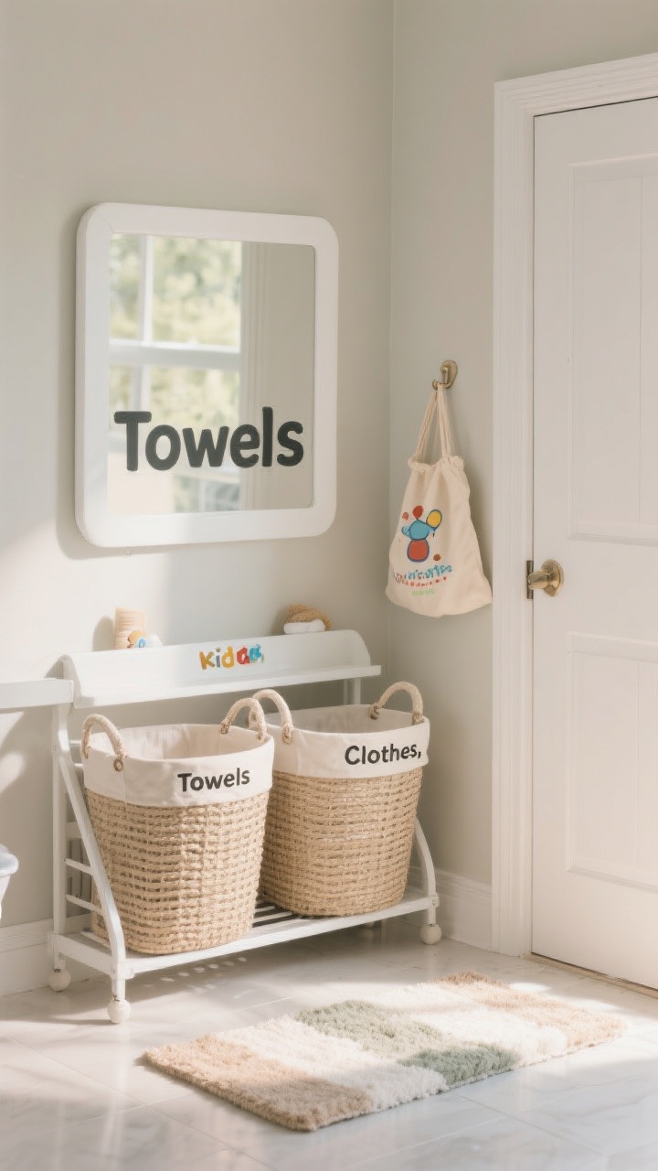 Photorealistic medium shot of a kid-usable laundry system in a bathroom: a two-bin hamper labeled “Towels” and “Clothes,” ventilated baskets with handles to prevent damp funk, and a hanging laundry bag hooked behind the door. Neutral woven textures mixed with white enamel frames, simple bold labels, small rug in coordinated colors, soft morning light, practical and inviting, straight-on view.