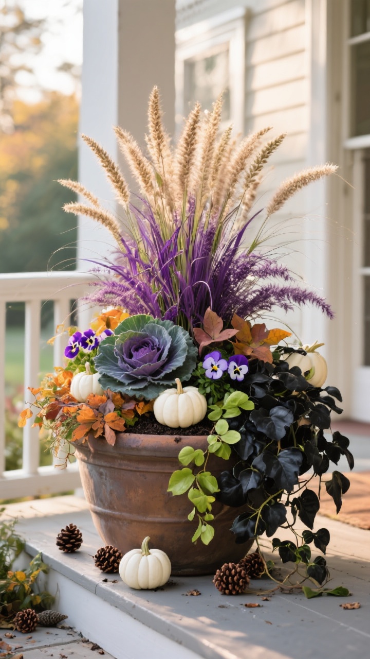 Photorealistic medium shot of a large fall planter on a porch: thriller-filler-spiller composition with purple fountain grass and millet for height, ornamental cabbage and pansies as fillers, and sweet potato vine (black and lime) spilling over the rim. Soil surface is topped with small white pumpkins and scattered pinecones. Soft morning light, side angle to emphasize layers and textures of leaves. No people.