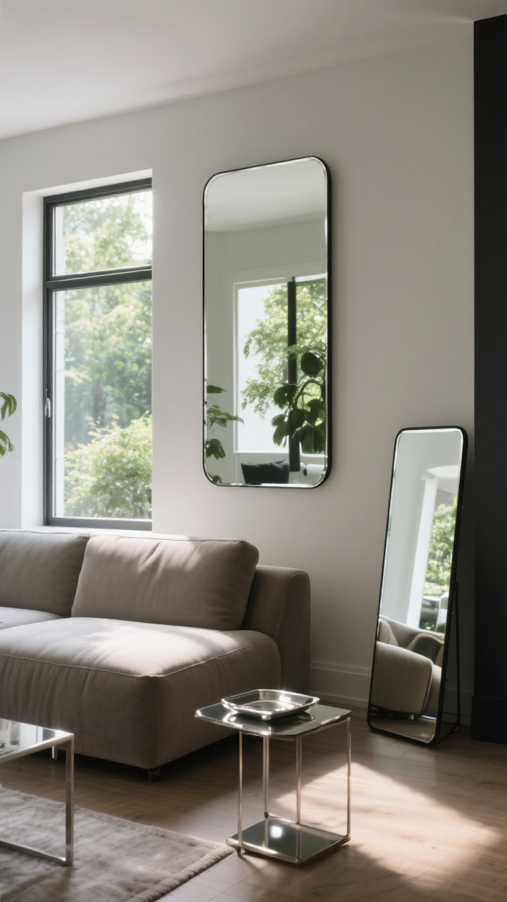 Photorealistic medium shot of a large mirror opposite a window, reflecting daylight and greenery outside; mirror mounted over a sofa with a slim frame for a clean, modern look; optional small leaning floor mirror in a shadowed corner subtly brightening a dark zone; tiny mirrored tray on a side table for a hint of shine without glare; balanced composition with soft natural light bouncing around; straight-on perspective for clarity