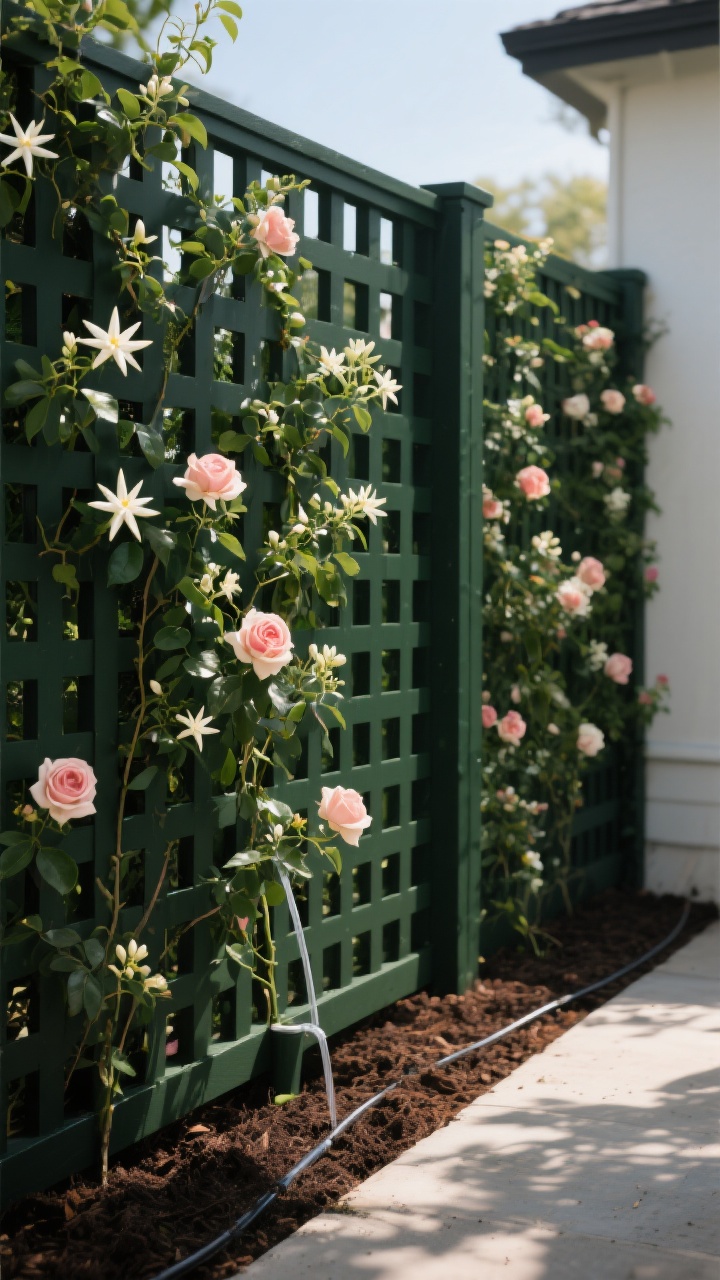 Photorealistic medium shot of a lattice fence painted deep green-black for contrast, with square lattice panels supporting climbing plants: star jasmine and climbing roses in sun, with a drip line at the base for easy watering. The vines partially veil the view, creating filtered privacy; include a narrow bed beneath with rich soil and mulch. Late afternoon light with dappled shadows; slight corner angle to show depth of the trellis and vertical gardening effect.