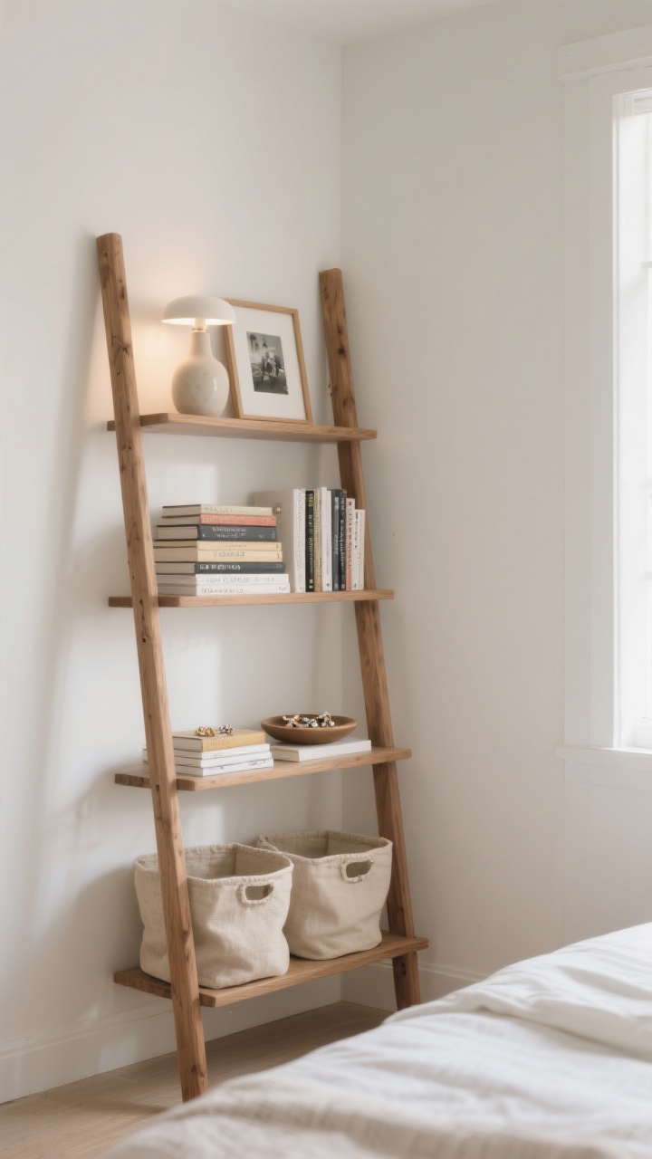 Photorealistic medium shot of a leaning ladder shelf in a bedroom corner, top tiers styled light with a small vase and a framed photo, middle with neatly stacked books and a jewelry dish, bottom tiers heavier with linen baskets; soft neutral palette, matte white walls, warm wood ladder; side-angle perspective to emphasize verticality; diffused morning light for an effortless, no-holes look