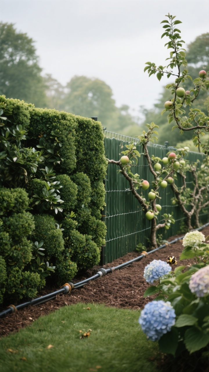 Photorealistic medium shot of a living green fence: a dense, well-trimmed evergreen hedge composed of boxwood and laurel for year-round structure, with a section of espaliered apple trees trained on a temporary wire fence behind for support while maturing. Include drip irrigation lines at the base on mulched soil, and a few pollinator-friendly blooms like hydrangea nearby. Soft overcast light for lush color and minimal shadows; straight-on view that reads like a private park boundary.