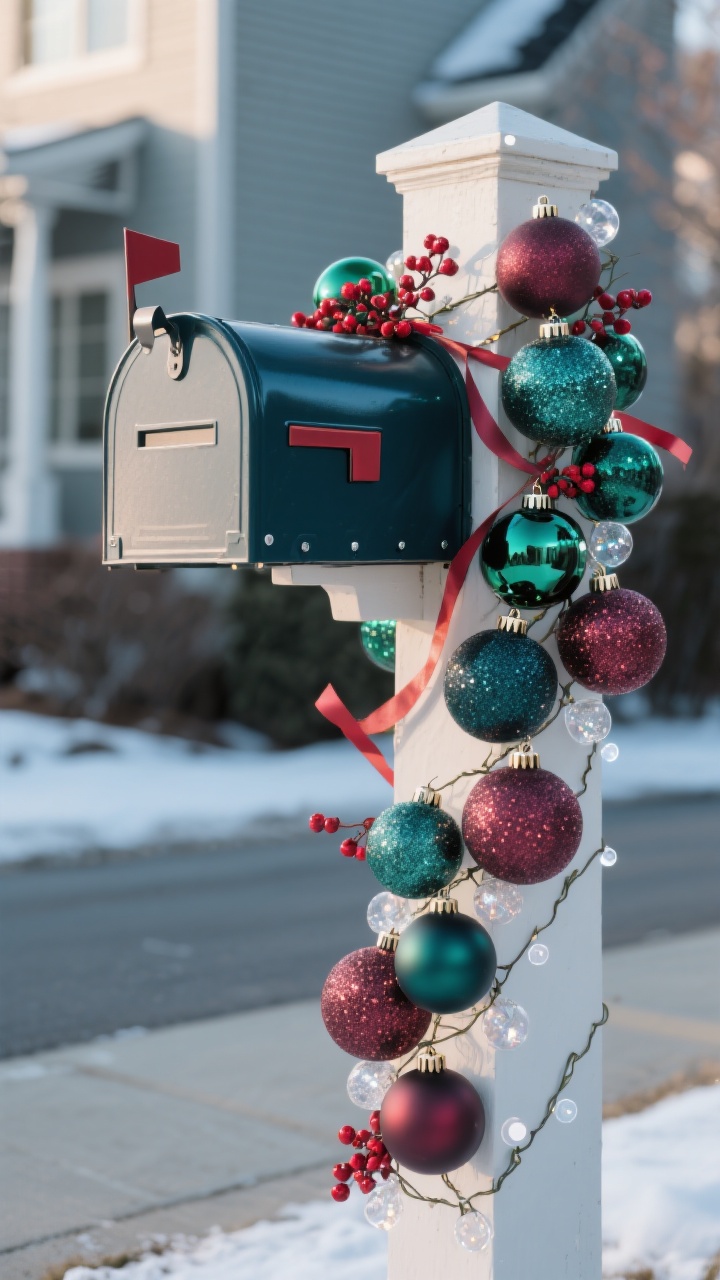 Photorealistic medium shot of a mailbox with an ornament cluster cascade starting high near the box and draping diagonally down the post. Shatterproof ornaments in mixed sizes (40–70mm) combine matte, glossy, and glitter finishes in moody jewel tones: emerald, navy, and burgundy. Ornaments are threaded onto floral wire in clusters of 5–7 and secured along the post, with ribbon streamers and red berry picks as filler for movement. Clear outdoor adhesive dots are visible on ornament caps for weather-proofing. The flag side is kept clear for access. Cool winter afternoon lighting, slight sparkle highlights, angled perspective from curb level to emphasize the diagonal flow, no people.
