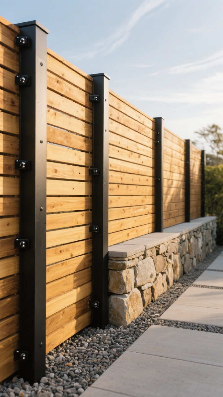 Photorealistic medium shot of a mixed-material backyard fence: horizontal cedar slats with consistent 3/8–1/2 inch spacing set between powder-coated black steel posts, matching black screws and brackets discreetly visible; a 2–3 ft stacked-stone knee wall segments one portion topped with vertical cedar boards; late-afternoon natural light rakes across the wood, showing a fresh UV-protective golden stain; composition includes a gravel strip at the base for drainage and a modern concrete paver path; wind-prone setting hinted by sturdy metal posts; angle from a slight corner to emphasize textures of warm wood, cool steel, and rugged stone.