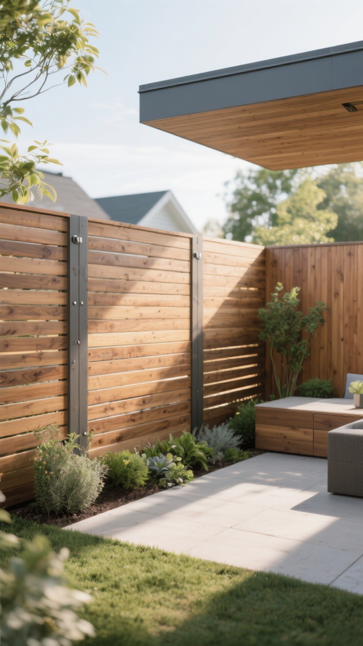 Photorealistic medium shot of a modern backyard featuring a horizontal slat cedar fence with adjustable spacing between slats, semi-transparent stain showcasing the wood grain aging toward a silver patina; hidden fasteners for a seamless face, a clean top cap and trim board; contemporary small yard patio nook with low plantings; straight-on perspective highlighting long horizontal lines to visually widen the space; soft afternoon natural light, slight breeze visible through narrow gaps; color palette: warm cedar tones, matte hardware accents, natural greens.