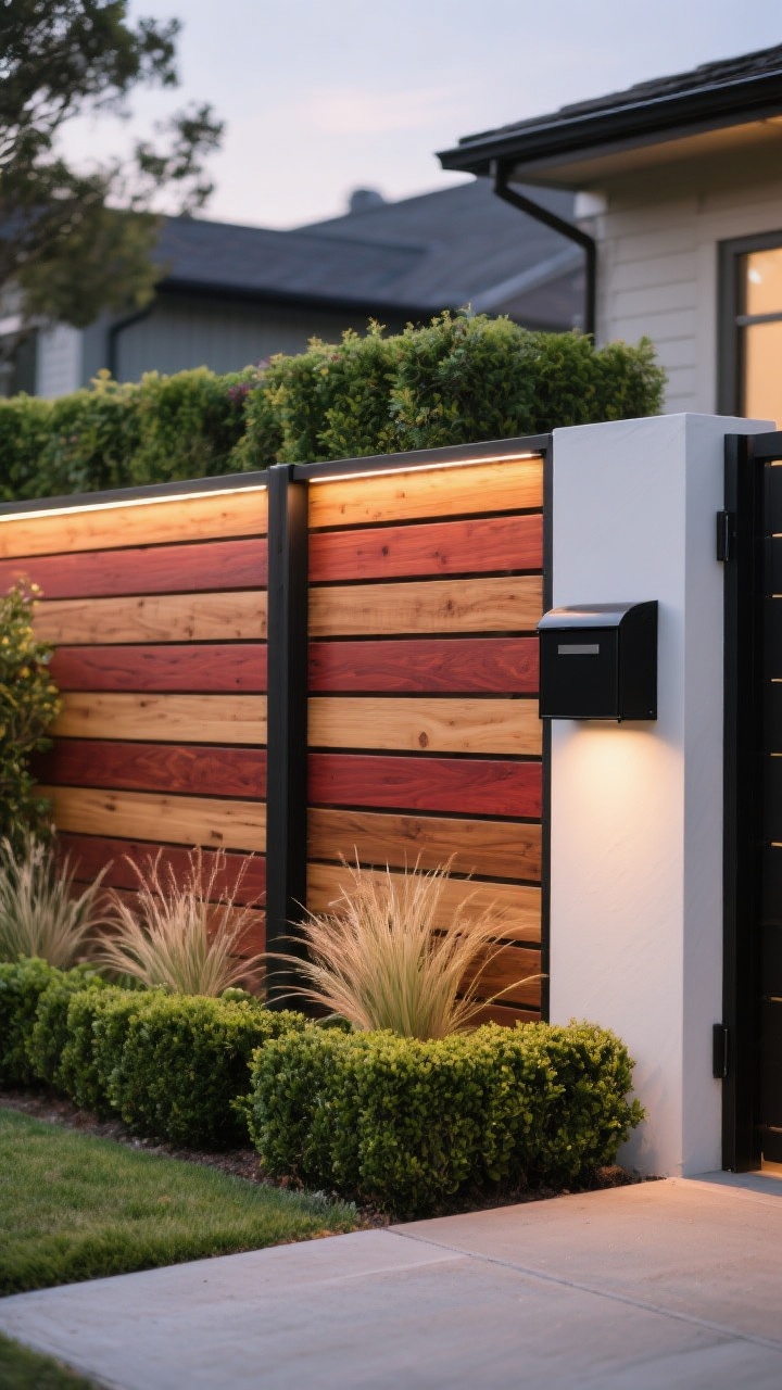 Photorealistic medium shot of a modern front-yard fence with horizontal cedar and redwood slats in alternating 1x2 and 1x4 widths, paired with black powder-coated steel posts; tight slat spacing for privacy; soft dusk lighting with low-voltage LED strip lights glowing under the top rail; layered greenery in front (boxwood hedges with ornamental grasses) and a matte black mailbox mounted nearby; wood sealed in a warm natural stain with subtle grain visible; minimalist, clean lines, straight-on angle emphasizing visual width.
