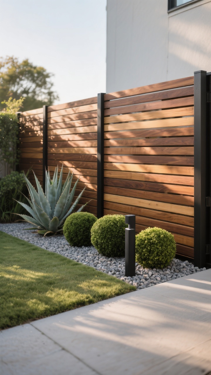Photorealistic medium shot of a modern horizontal slatted garden fence made of cedar with mixed slat widths (1", 2", and 4" repeating), stained in warm walnut; subtle gaps between slats cast linear shadows across a gravel path. Include sculptural plants like agave and clipped boxwood balls in front, matte black metal posts, and a clean minimalist backyard. Late afternoon sunlight for dramatic light play and long shadows; straight-on view emphasizing clean lines and visual width.