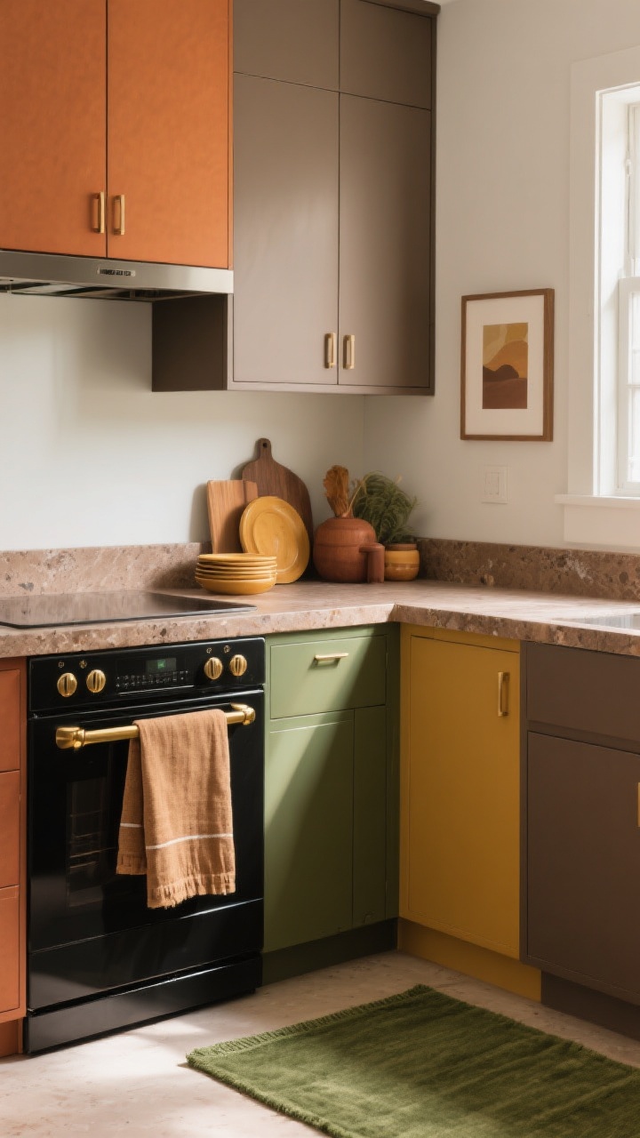 Photorealistic medium shot of a modern kitchen corner styled in a harvest color palette: spiced cinnamon, burnt orange, golden mustard, olive green, and warm taupe layered over a neutral base. Include earthy linen dish towels draped on a matte black oven handle, brushed brass cabinet hardware, a warm taupe stone countertop with an olive-green runner rug, small framed art with muted tones, and a few accessories in the stated colors. Soft afternoon natural light, straight-on angle.