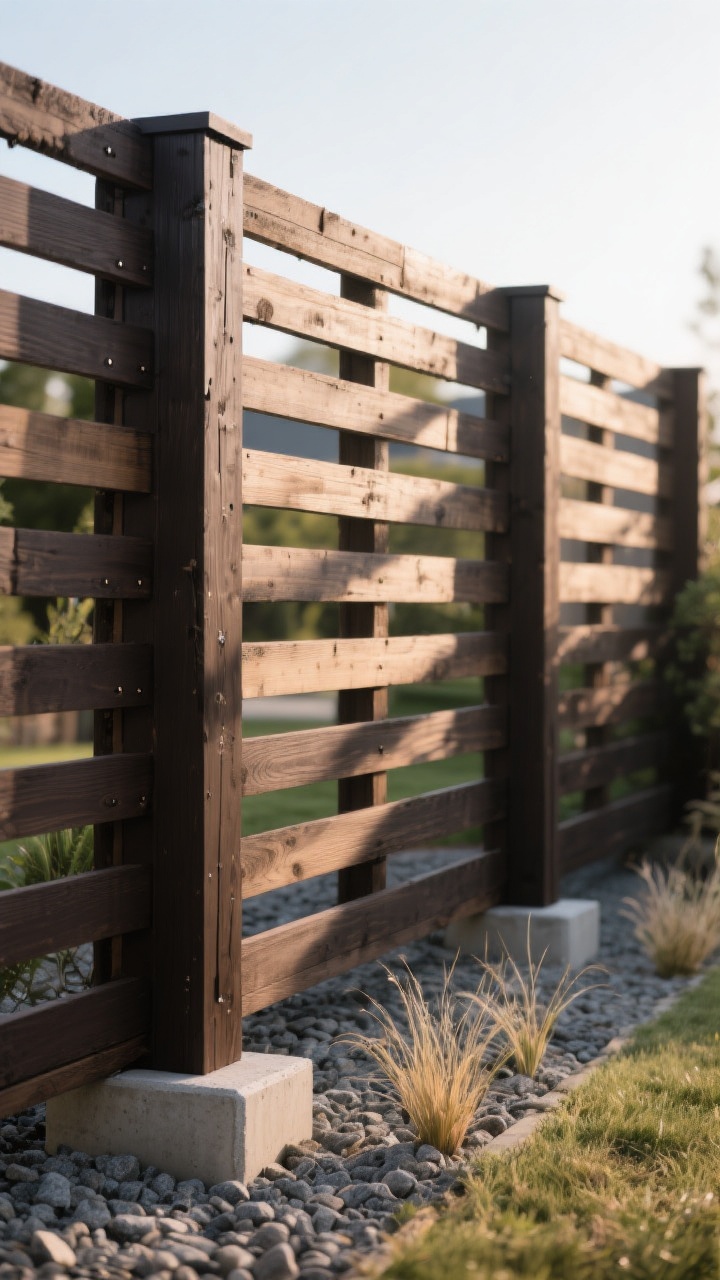 Photorealistic medium shot of a modern slat pallet fence built from deconstructed pallets, boards reassembled horizontally with precise 1/2-inch gaps using spacers, straight-on perspective. Sturdy pressure-treated 4x4 posts set in concrete anchor the fence. The wood is finished in a deep espresso exterior stain with a matte, architect-approved finish. Clean lines, minimalist backyard scene with simple gravel base and sparse ornamental grasses, soft late-afternoon natural light casting horizontal shadows across the slats, no people.
