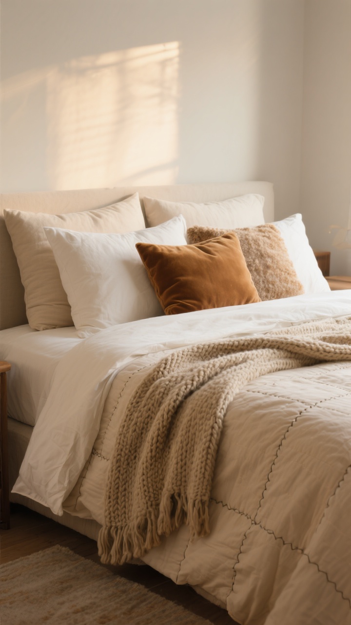 Photorealistic medium shot of a neatly made autumn bed layered in cream cotton or warm beige linen sheets, topped with a lightweight stitched quilt and a chunky knit throw draped at the foot; pillows styled with euro shams, standard pillows, and a single lumbar in mixed textures like velvet, bouclé, and flannel; warm, soft morning light grazing the fabrics to emphasize contrasting textures; neutral walls and minimal decor to keep focus on the rich layering; no people