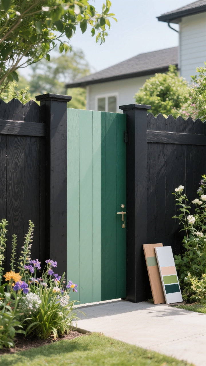 Photorealistic medium shot of a painted statement fence in matte charcoal-black, acting as a dramatic backdrop that makes surrounding greenery and flowering plants pop. Include a color-blocked gate in muted green and a single striped panel as an artistic accent. Use exterior-grade finish with subtle wood grain visible where stained; test swatch boards leaning nearby as a nod to color selection. Bright but diffused daylight to show true color without glare; straight-on view.