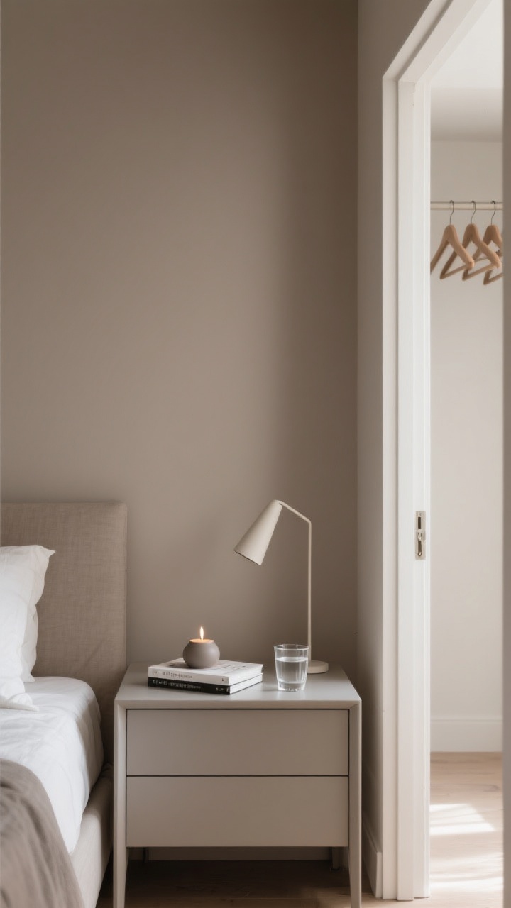 Photorealistic medium shot of a pared-back tiny bedroom nightstand against soft taupe walls: a single slim lamp, one hardcover book, and a clear glass of water arranged neatly; nearby dresser top holds only one hero object—a small matte-ceramic candle; closet door ajar revealing an edited wardrobe with evenly spaced hangers; natural morning light, calm minimalist mood, no clutter, breathable negative space