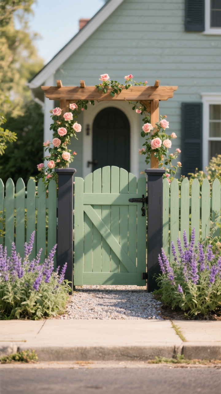 Photorealistic medium shot of a refreshed cottage picket fence in sage green with flat-top paddle pickets shortened and spaced wider; two-tone scheme with posts and rails in charcoal and pickets in sage; an arched gate centered, with a gravel path leading to it; lavender, catmint, and salvia planted along the front border; a wooden arbor over the gate with climbing roses starting to twine; warm afternoon light, straight-on curbside perspective, cozy and current.