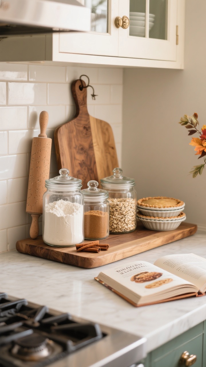 Photorealistic medium shot of a seasonal baking zone: lidded glass jars filled with flour, brown sugar, oats, and cinnamon sticks arranged on a wooden board, a wood pastry board leaned against the backsplash, a vintage rolling pin on display, and a small stack of pie dishes. A favorite cookbook open to a cozy recipe completes the scene. Clean, functional, warmly lit, straight-on.