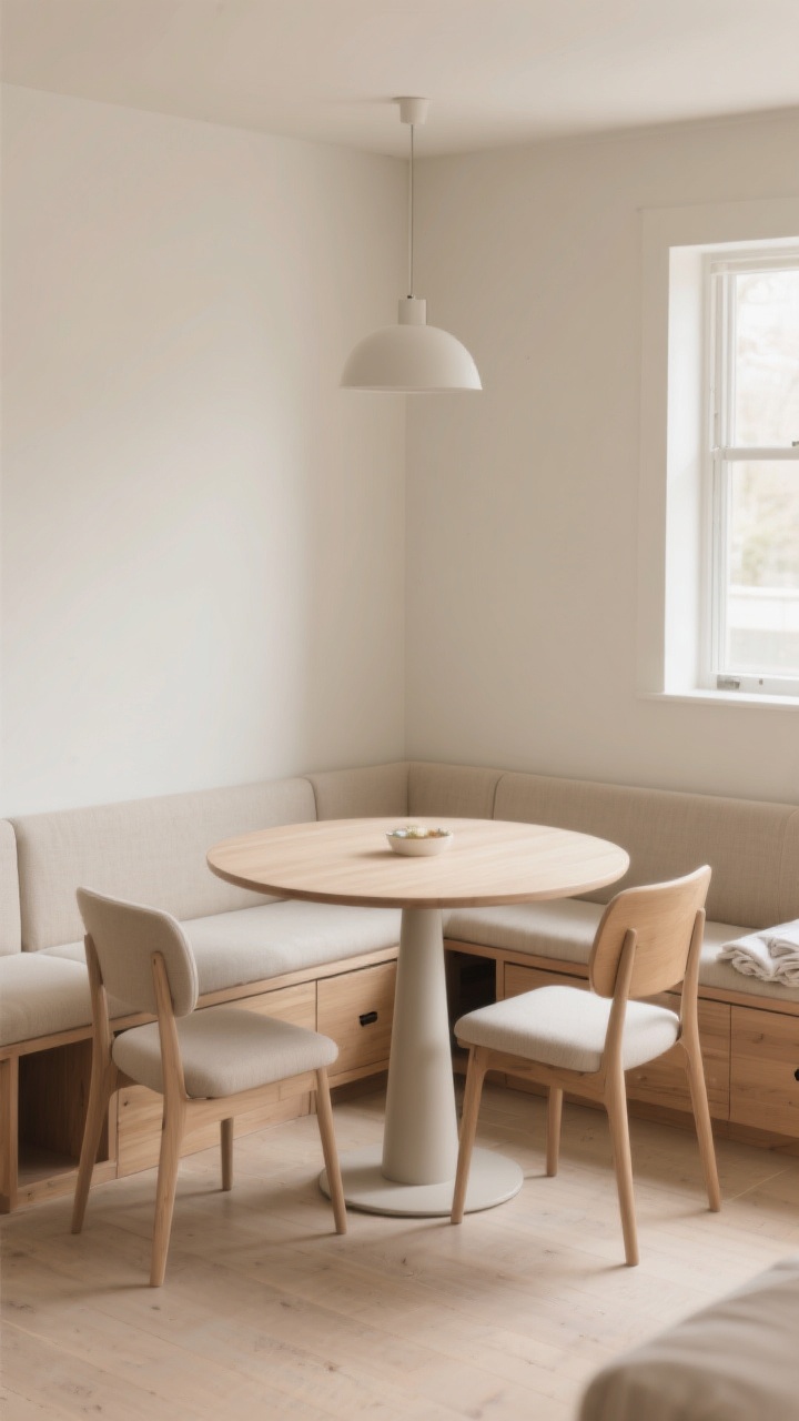 Photorealistic medium shot of a small dining nook showcasing hard-working furniture: a round, slim-profile pedestal table with a drop-leaf on one side, paired with a built-in wall-hugging banquette with hidden drawer storage and two low-back armless chairs that visually recede. Include a slim storage bench along the adjacent wall for linens. Soft natural daylight, clean lines, slim silhouettes, and an uncluttered, cozy vibe. Neutral finishes with light wood and soft upholstery; emphasize how benches slide under the table and the pedestal frees knee space.