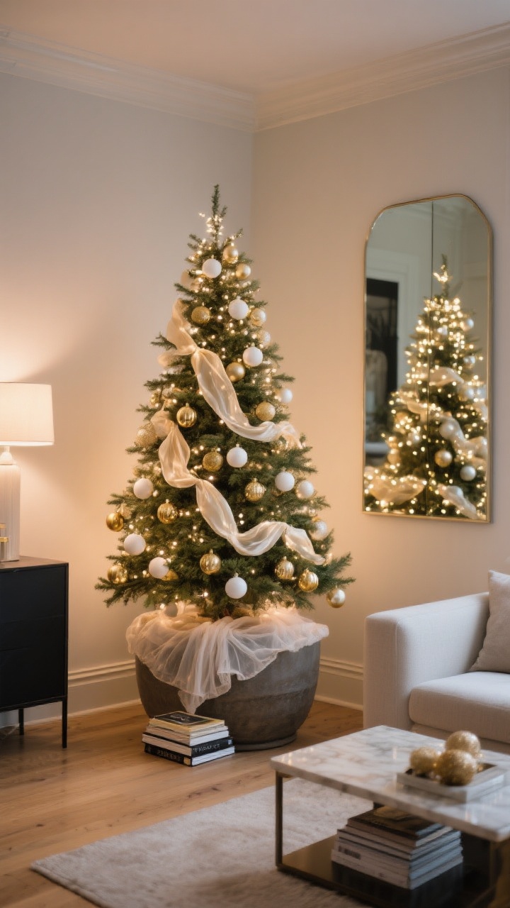 Photorealistic medium shot of a small living room corner featuring a 3–4 foot Christmas tree elevated on a sturdy planter stacked over coffee table books, styled with clustered gold and white ornaments, oversized silk ribbons, and a soft gauzy scarf as a tree skirt; placed beside a large wall mirror to double the warm white tree lights; neutral walls, light wood floors, minimal decor, evening glow reflecting in the mirror for a luxe look.