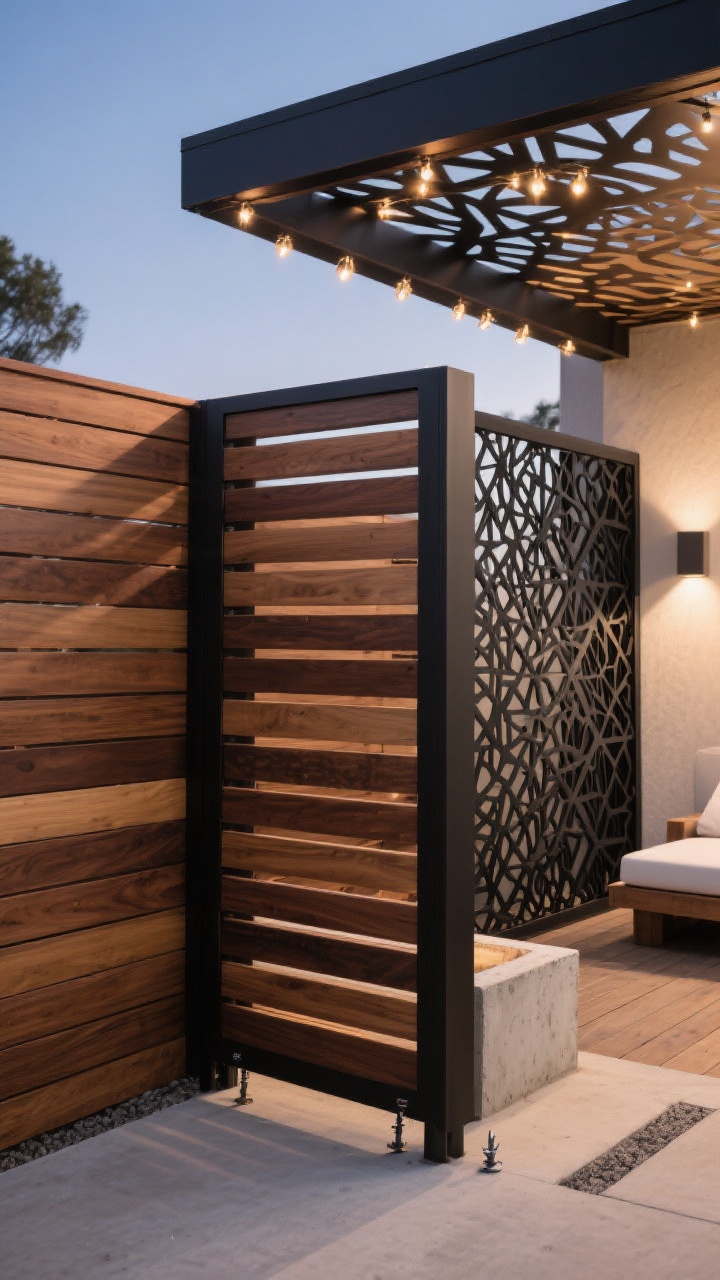 Photorealistic medium shot of a stylish privacy zone: a spa-like corner with horizontal cedar slat panels (1/2–3/4 inch gaps) and one angled louver panel blocking side views; a matte black laser-cut metal screen with geometric pattern near a small patio; concrete footings and ground spikes visible at base for wind anchoring; pre-stained wood tones rich and even; dusk lighting with subtle string lights along a pergola beam overhead casting patterned shadows through the screen; composition from a diagonal corner angle to show depth and airflow between slats; no people, clean modern furnishings minimally included.