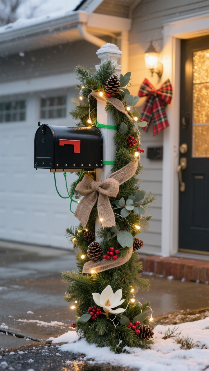 Photorealistic medium shot of a suburban mailbox post wrapped in a thick, wired evergreen garland (9–12 ft) spiraled around the post and across the mailbox arm, secured with green zip ties every 8–10 inches. Warm-white battery-operated mini lights with a timer are tucked throughout. Layered textures include cedar sprigs, eucalyptus, magnolia leaves, and a few red berry picks for pops of color. Style variant: rustic cozy with pinecones, burlap ribbon, and a tartan bow positioned to the side so the door and flag remain fully functional. Dusk lighting with a soft golden glow, shallow depth of field, straight-on angle, no people, wet winter pavement and faint snow dusting for seasonal context.