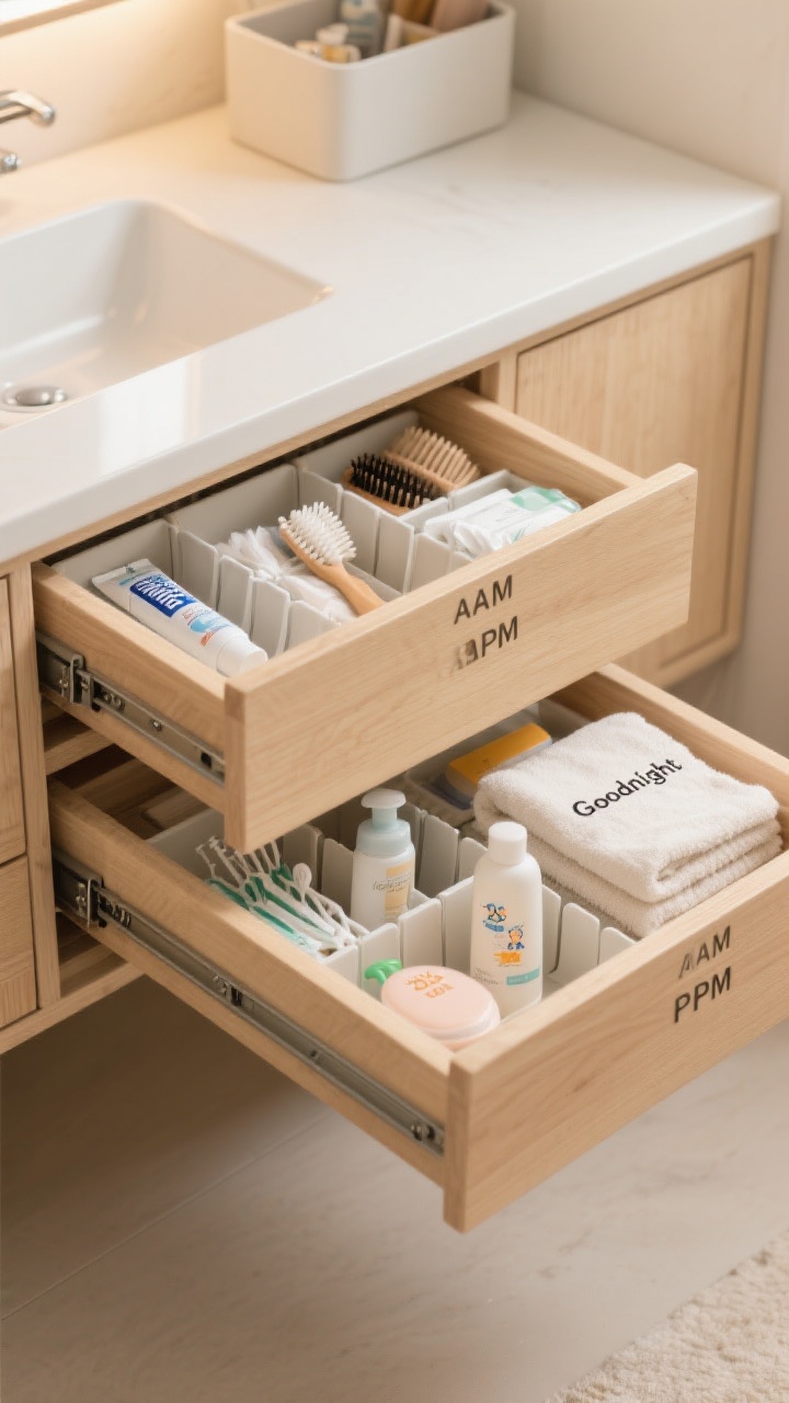 Photorealistic medium shot of a vanity drawer system split into AM and PM routines: open drawers with adjustable dividers neatly separating toothpaste, flossers, face wipes, hairbrush, detangler, kids’ sunscreen in the AM drawer, and toothpaste, flossers, face wash, lotion, and a folded “Goodnight” washcloth stack in the PM drawer. Extras visible in a separate backstock bin at the rear. Light wood drawer boxes, soft-close hardware captured mid-glide, soft overhead lighting, organized and calm mood, straight-on top-down angle.