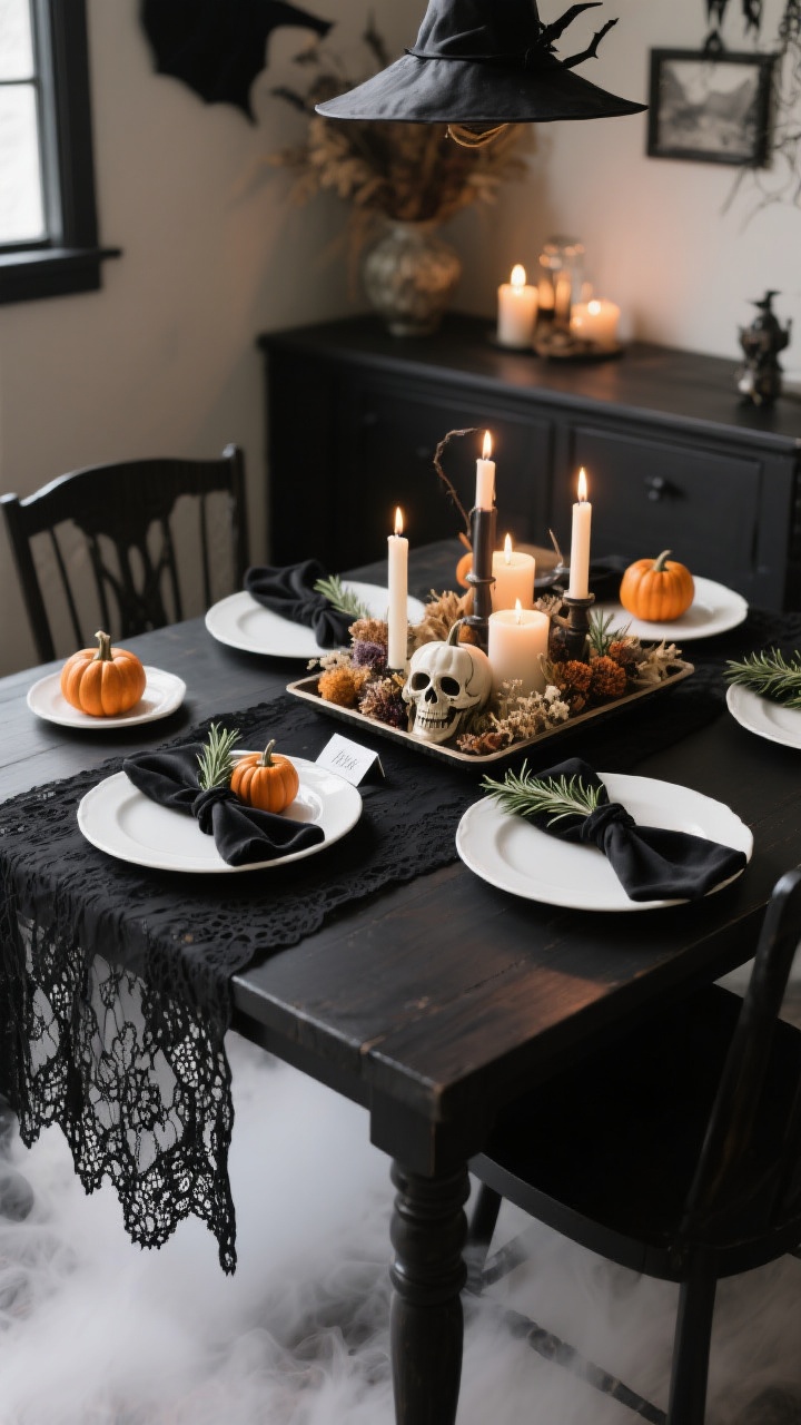 Photorealistic medium shot of a witchy dining nook tablescape: a black table runner layered with gauzy lace, black chargers under white plates topped with mini pumpkins and a small place-card skull, a low tray centerpiece with mixed candles, dried florals, and a ceramic pumpkin kept below eye level, and napkins tied with black velvet ribbons tucked with sprigs of rosemary. Optional hint of fog rolling under the table edge. Warm candlelit ambiance with clear sightlines; eye-level perspective.
