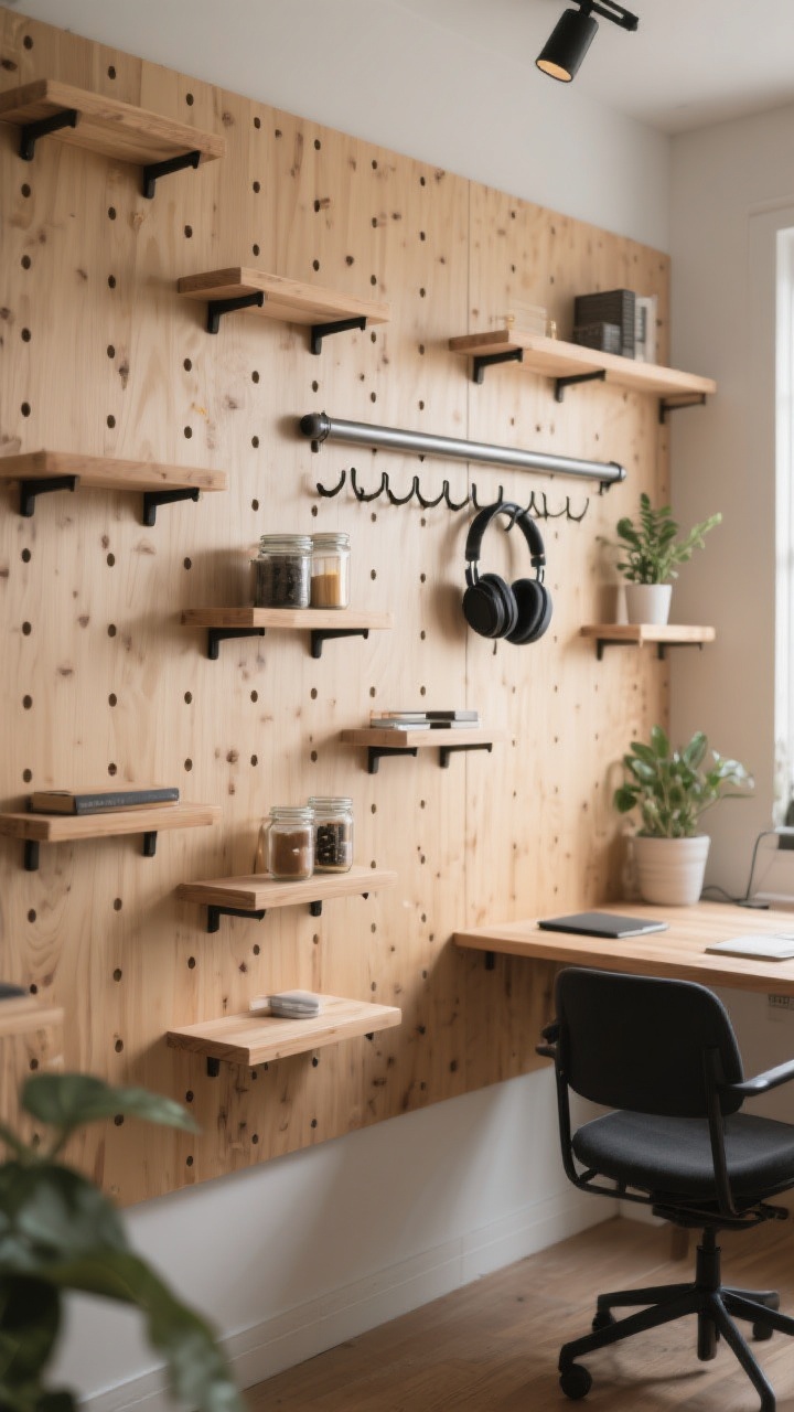 Photorealistic medium shot of a wood pegboard system in a home office, arranged with adjustable mini shelves, pegs, and a metal rod; headphones hanging on hooks, small plant, jars of supplies; neutral color palette with natural wood tones and black accents; balanced vertical and horizontal elements; soft indirect daylight emphasizing modular flexibility without utilitarian harshness