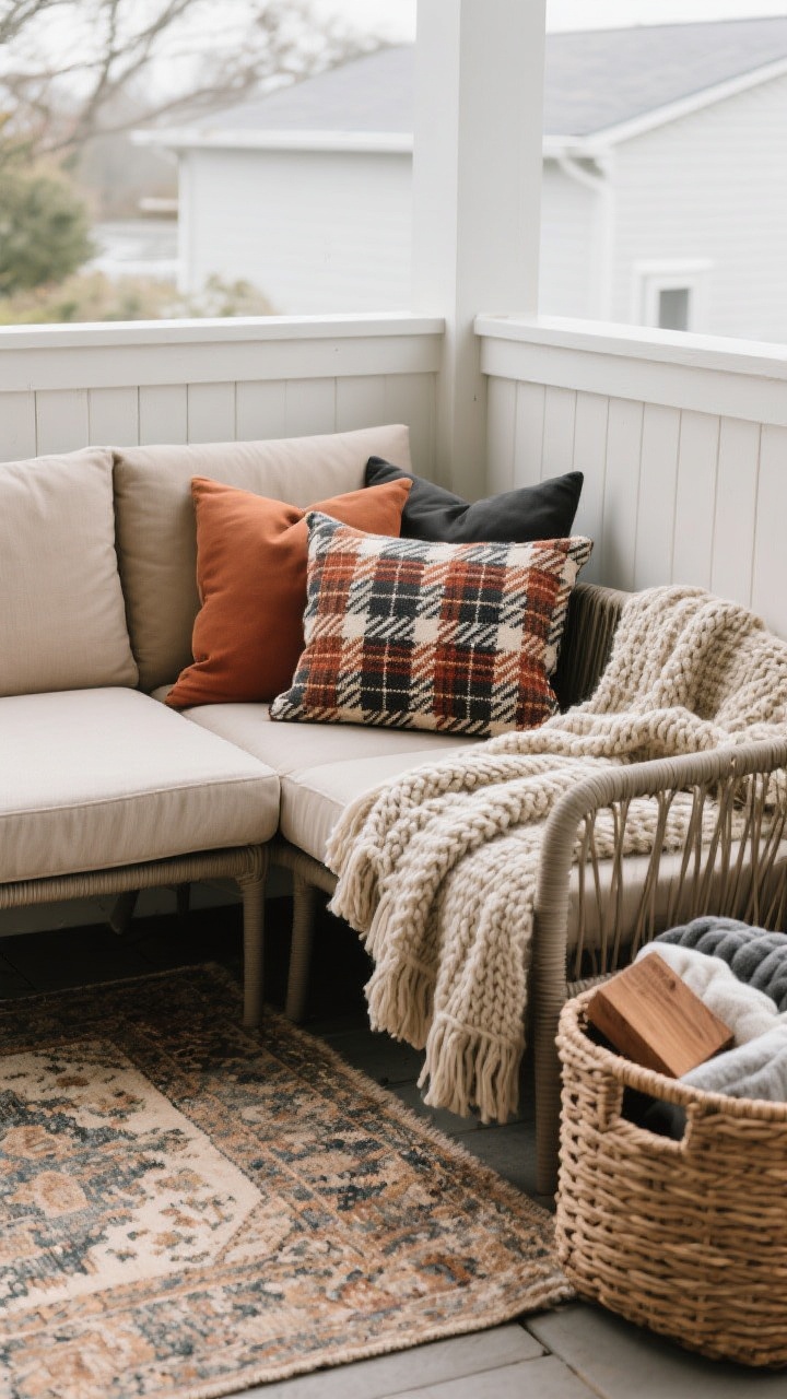 Photorealistic medium shot of an outdoor seating nook on a patio: a weather-resistant loveseat with camel, rust, and charcoal pillows in plaid and herringbone, plus a thick knit faux-wool throw draped over the arm. A woven outdoor storage basket sits beside the seat with extra blankets inside; hint of a cedar block peeking from the basket. Underfoot, a vintage-look outdoor rug layers beneath the seating. Overcast, cozy daylight. Corner angle. No people.