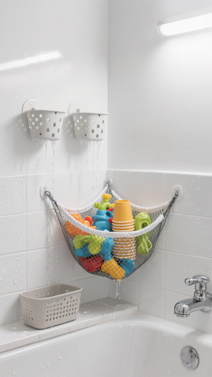 Photorealistic medium shot of bath toy storage that dries properly: a mesh corner hammock filled with squirty toys and stacking cups above the tub, stick-on baskets with drain holes mounted to the tile letting water drip back into the tub, and a perforated plastic caddy sitting on the tub ledge. Subtle water droplets, glossy white tile, chrome fixtures, bright task lighting reflecting off tile, clean and mold-free mood, slight low-angle corner view.