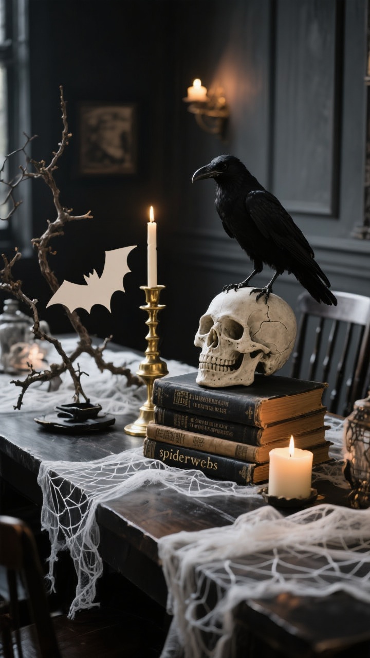Photorealistic medium shot of curated spooky accents arranged along the table: a single stone or matte resin skull as the focal object, a solitary raven perched on a brass candlestick, elegant paper bat cut-outs tucked into branch elements; cheesecloth or gauze artfully draped as refined “spiderwebs”; a stack of old hardcovers used as risers with creepy titles facing out; restrained palette of blacks, bone, and antique gold; intentional, uncluttered styling reminiscent of a Victorian study; soft, directional candlelight for mood.