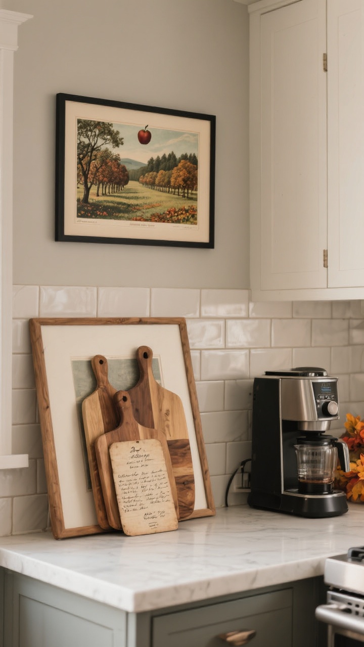 Photorealistic medium shot of seasonal art swap in a kitchen: a framed vintage apple orchard print leaning against the backsplash, a small moody landscape hung above the coffee station, and an old handwritten recipe card framed and layered with stacked wooden cutting boards for a curated look. Neutral tile backdrop, subtle fall color accents. Eye-level, slight angle.
