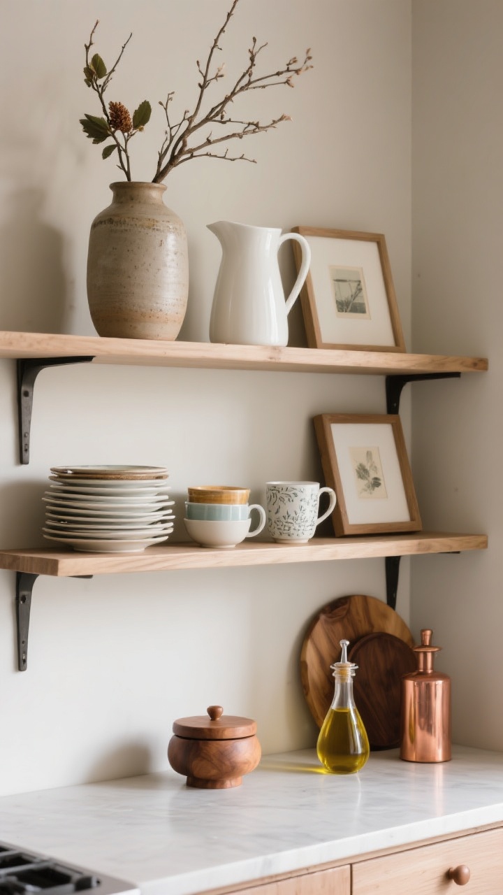 Photorealistic medium shot of styled open kitchen shelves: top shelf with tall pieces (a ceramic vase holding seasonal branches, a white pitcher), middle shelf with pretty stacks of plates, mugs, and a small framed print, bottom shelf with functional warm-material items like a wood salt cellar, an oil cruet, and copper accents. Balanced composition, neutral backdrop. Straight-on, evenly lit.