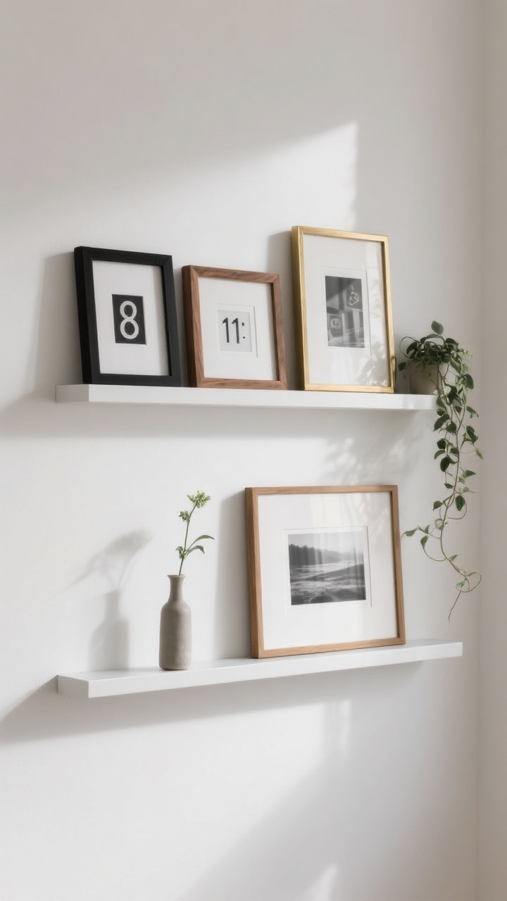 Photorealistic medium shot of two slim picture ledges mounted 10–12 inches apart on a matte white wall, holding a rotating mix of frames in black, oak, and brass finishes (8x10, 11x14, and a hero 18x24), layered slightly; a single trailing plant and a slim bud vase add softness; straight-on view, even daylight with gentle shadows; shallow depth showcasing the ledges’ shallow profile and easy-to-switch art