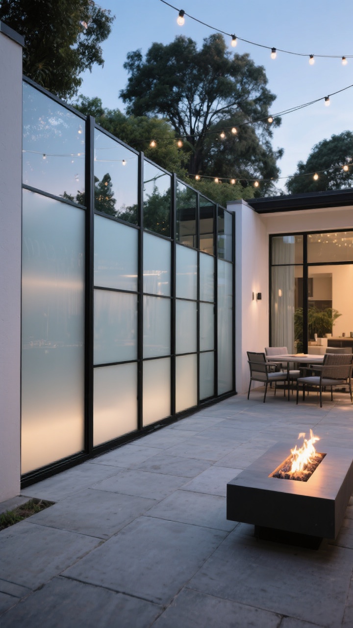 Photorealistic medium shot, straight-on courtyard scene at dusk: frosted (opal/etched) tempered glass panels in slim black powder-coated aluminum frames forming a semi-private fence. Layered composition with tall frosted panels along the boundary and half-height panels near a patio zone. Upper clear transom strips on select bays to reveal treetops and sky. Matte finishes on frames, oversized concrete pavers underfoot, a slimline gas fire table glowing softly, and string lights overhead for boutique-hotel ambiance. Light diffused through the glass like a softbox; clean, airy lines, no people.
