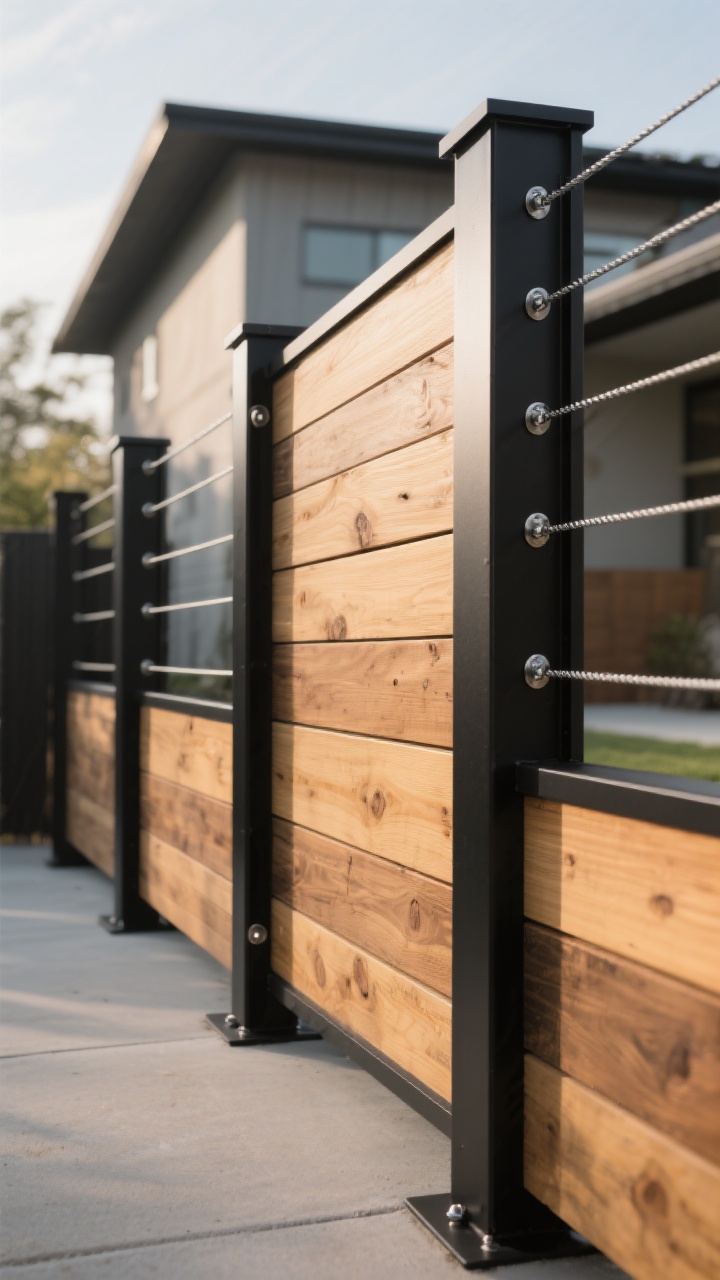 Photorealistic medium shot, straight-on, of a mixed-material fence featuring a black powder-coated steel frame with cedar wood infill panels, alternating with sections of stainless cable rails to open views; black aluminum posts used on some runs for clean corners; stainless or coated screws visible on close inspection to prevent staining; tiny expansion gaps at wood-to-metal interfaces; medium-tone cedar set against the matte black metal for warm/cool contrast; modern home backdrop with slight slope to show level runs on posts; late afternoon light creating crisp highlights on metal edges and warm glow on wood; no people.