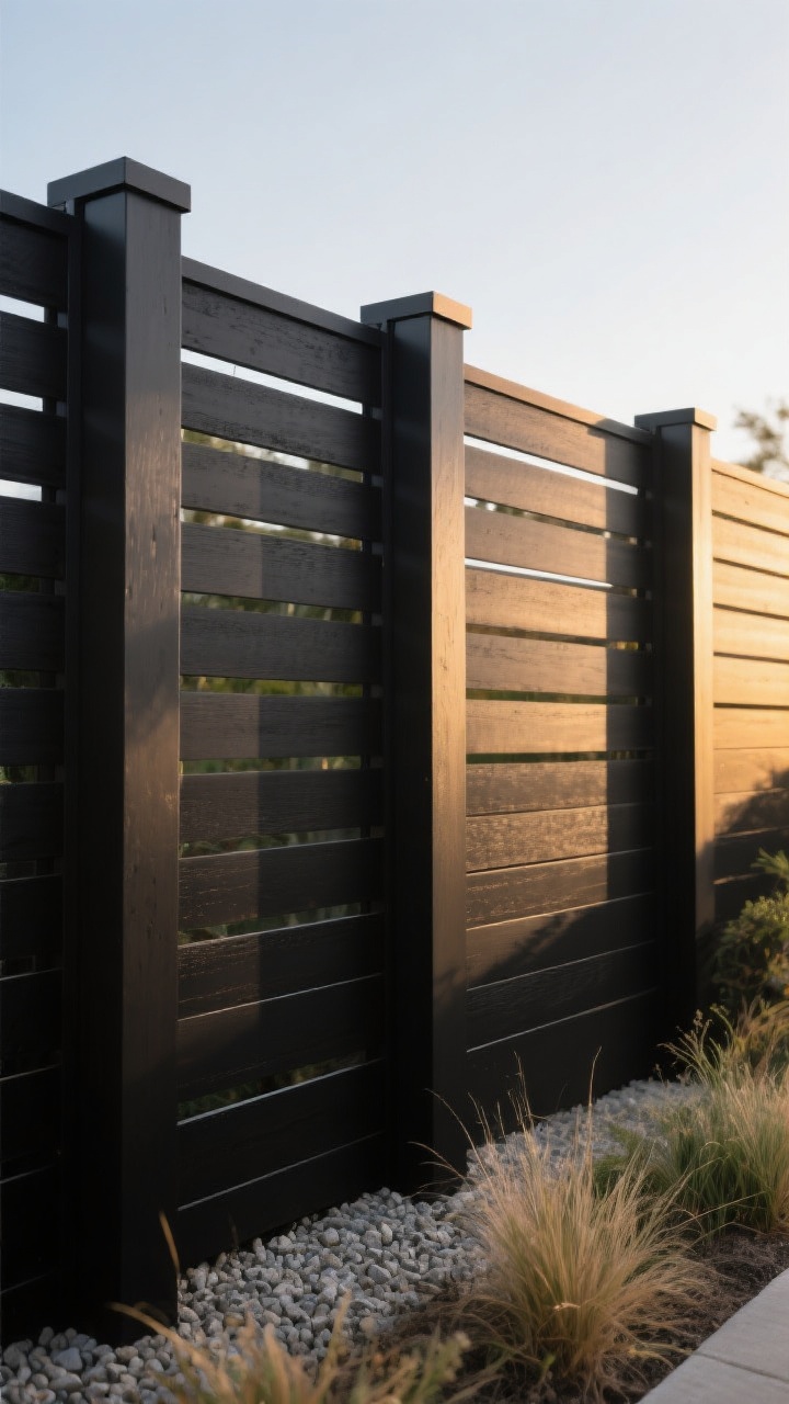 Photorealistic medium shot, straight-on, of a modern vertical batten fence in deep espresso/black matte stain: slim battens spaced evenly with 3/4–1 inch gaps for an upscale screen effect; mixed batten profiles (square and rectangular) repeating in a consistent pattern; crisp continuous cap rail; posts concealed by batten wraps so the rhythm is uninterrupted; clean miters at the outside corner; golden hour lighting creating graphic shadow bands; foreground of light gravel and low native grasses for high-contrast curb appeal