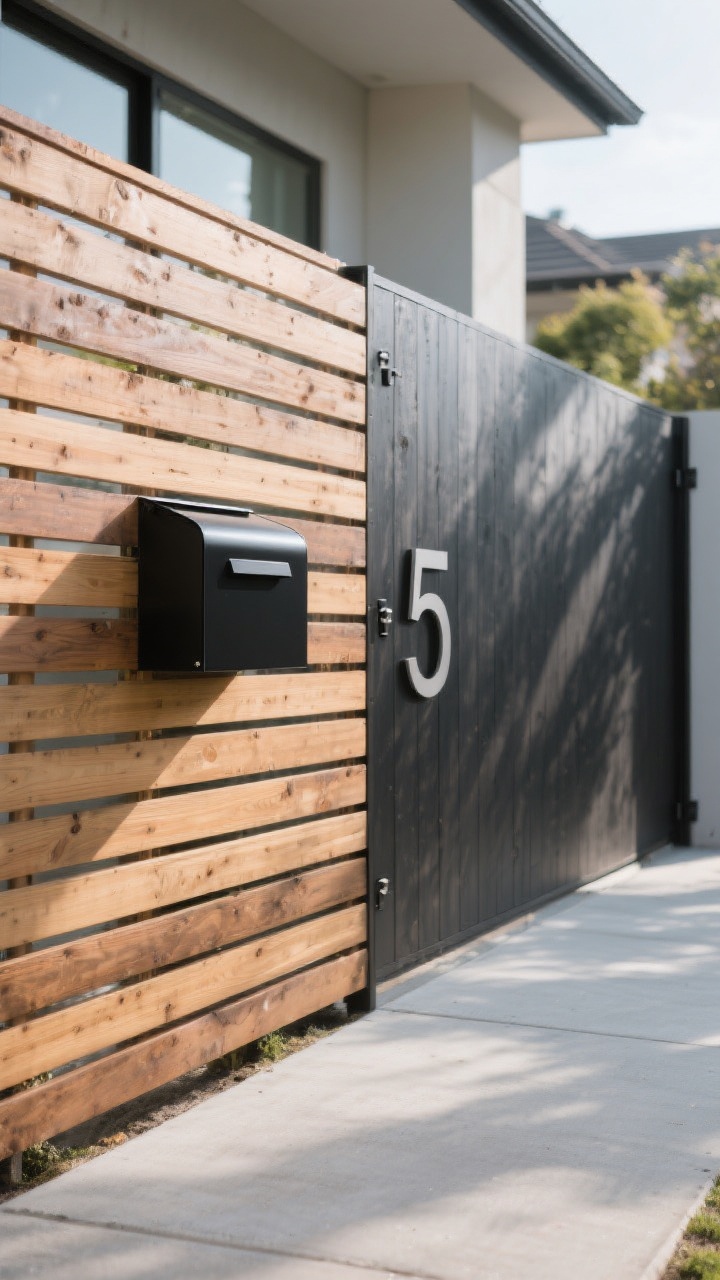 Photorealistic medium shot, straight-on view: a horizontal slat fence in cedar with tight, consistent 1/2–3/4 inch gaps, hardware hidden with rear-mounted brackets for a gallery-clean facade. Finish option shown as a split run: half natural cedar beginning to weather into a silvery patina, half in a charcoal semitransparent stain for drama. Matte black modern mailbox and oversized sans-serif house numbers mounted on the fence. Soft afternoon natural light filtering through the narrow gaps, casting elongated horizontal light bands on a smooth concrete walkway; crisp architectural lines, minimalist curb appeal, no people.